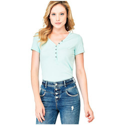Vêtements Femme T-shirts manches courtes Guess T Shirt Femme Serafino col V boutons Vert d'eau W82P24 Vert