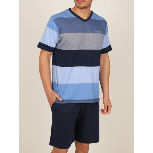 Vêtements Homme Pyjamas / Chemises de nuit Admas Tenue d'intérieur pyjama short t-shirt HOODIE Stay Stripes bleu Bleu