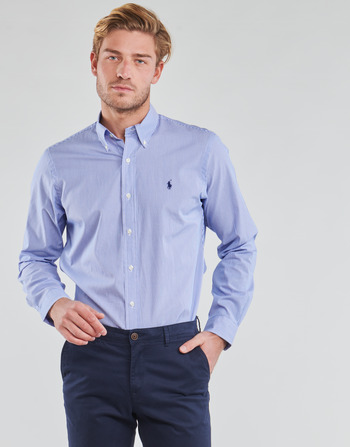 Vêtements Homme Chemises manches longues Polo Ralph Lauren CHEMISE AJUSTEE EN POPLINE DE COTON COL BOUTONNE Bleu / Blanc