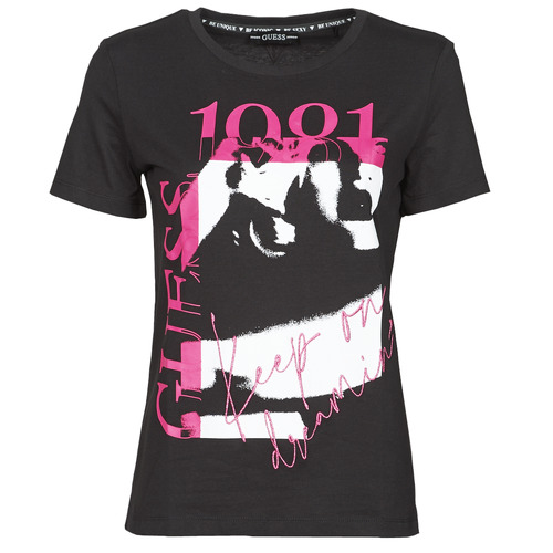 Vêtements Femme T-shirts Rose manches courtes Guess SS CN 1981 TEE Noir