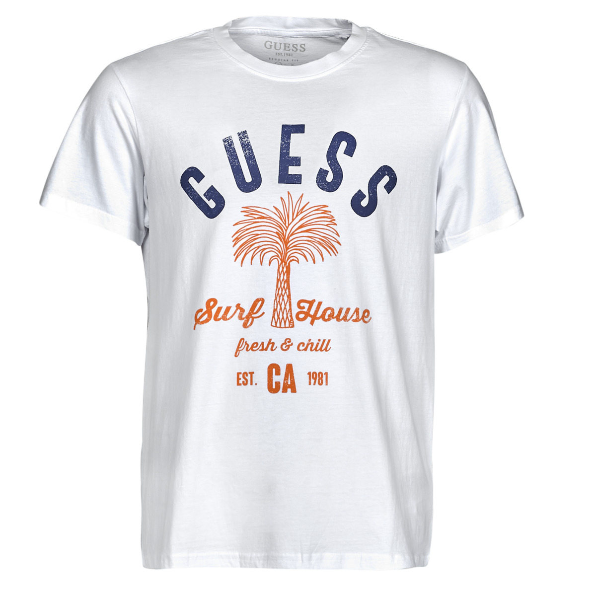 Vêtements Homme T-shirts manches courtes Guess pel12 SURF HOUSE CN SS TEE Blanc / Bleu / Marine