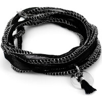 Montres & Bijoux Femme Bracelets Brillaxis Bracelet  soie noire médaille + pompon noir Blanc