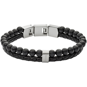 bracelets fossil  bracelet homme  cuir tressé perles noires 