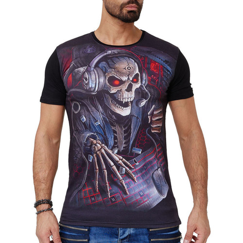 Monsieurmode T-shirt fashion tête de mort T-shirt 1584 noir Noir - Vêtements  T-shirts & Polos Homme 24,90 €