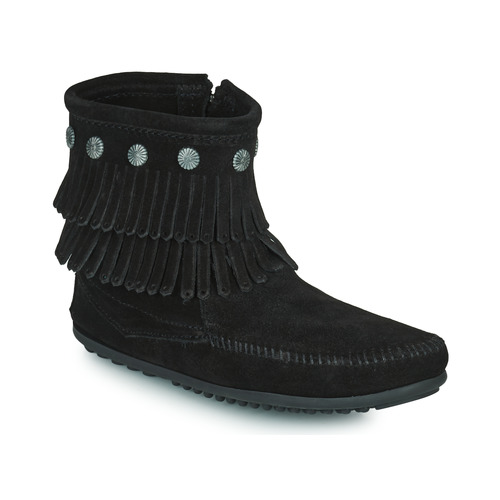 Chaussures Femme Boots Minnetonka DOUBLE FRINGE SIDE ZIP BOOT Noir