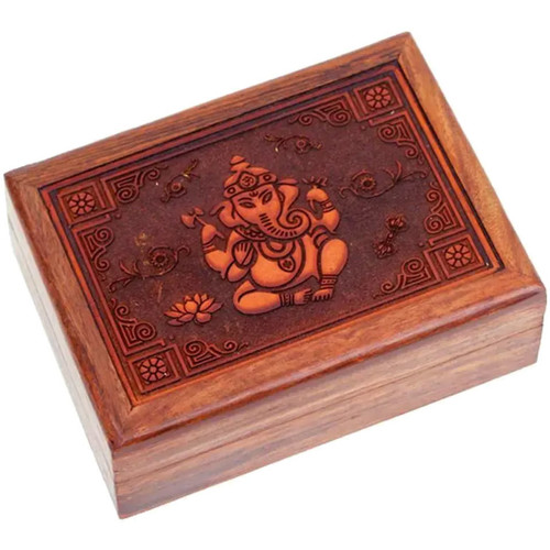 Maison & Déco Paniers / boites et corbeilles Phoenix Import Boite Ganesh en bois sculpté 17.5 x 12.5 x 5.7 cm Marron