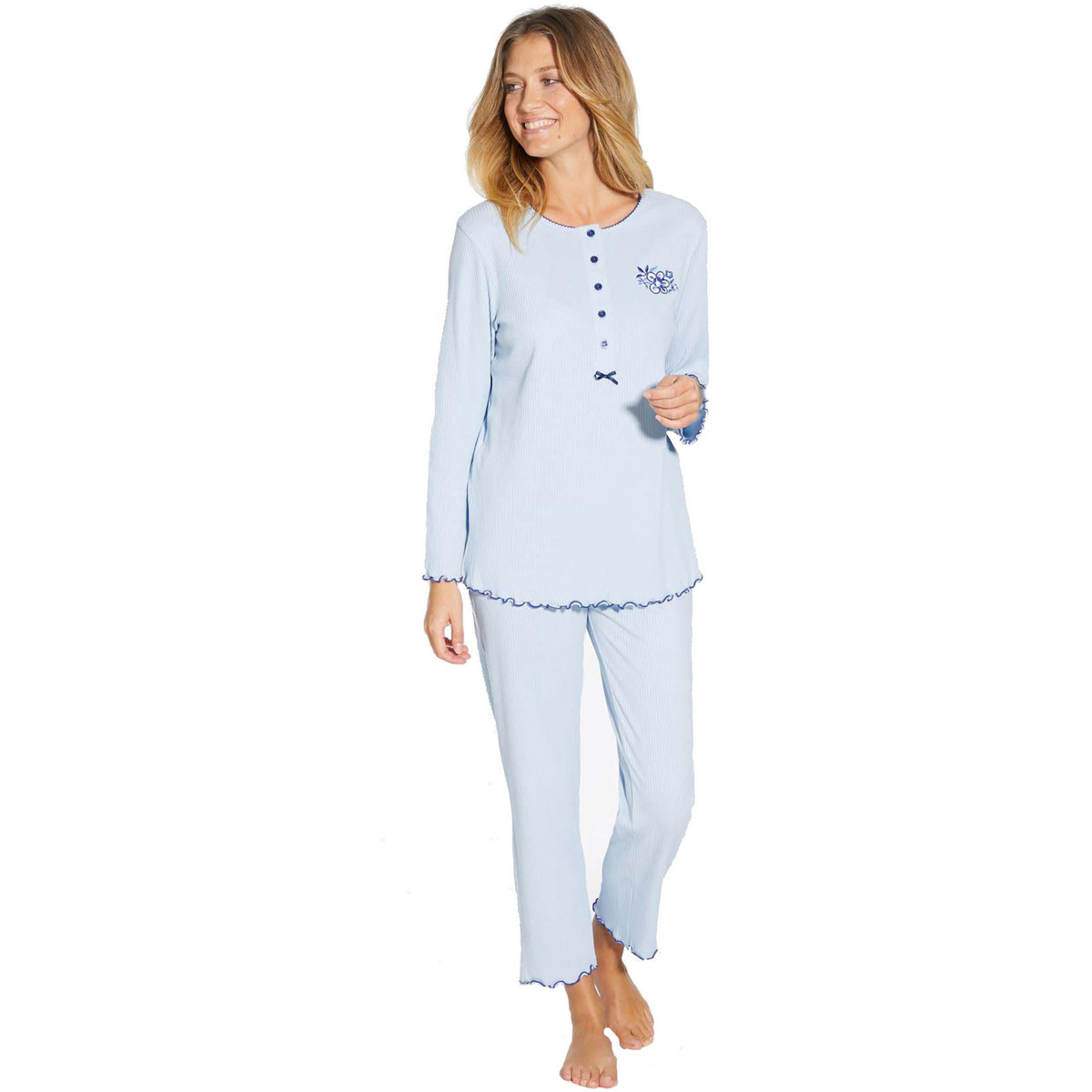 Vêtements Femme Pyjamas / Chemises de nuit Daxon by  - Pyjama manches longues coton Bleu