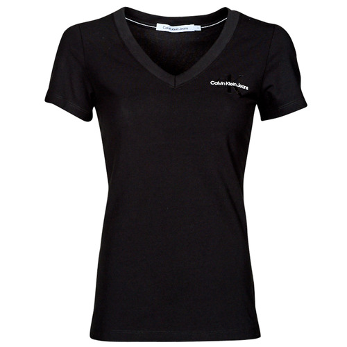 Vêtements Femme T-shirts manches courtes Calvin Klein Jeans MONOGRAM LOGO V-NECK TEE Noir