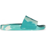 are a slip on sandal in powder blue leather set on top of a chic flatform heel