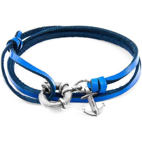 Montres & Bijoux Homme Bracelets Taies doreillers / traversins Bracelet Ancre Clyde Argent Et Cuir Plat Bleu