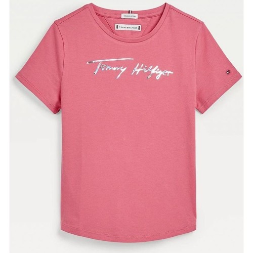 Vêtements Fille Tommy Jeans center badge stripe t-shirt in soft beige multi Tommy Hilfiger KG0KG06301T SCRIPT TEE-XIW Rose