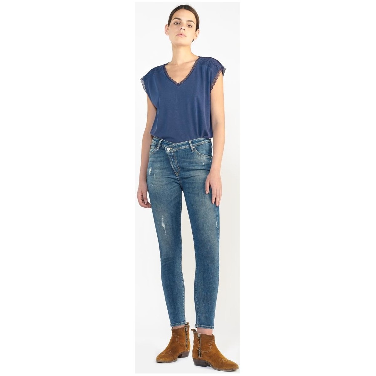 Vêtements Femme Jeans Le Temps des Cerises Fleece skinny taille haute 7/8ème jeans destroy bleu Bleu