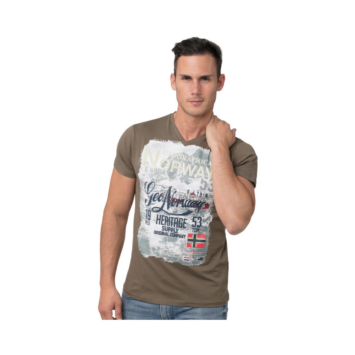 Vêtements Homme T-shirts manches courtes Geographical Norway T-Shirt col V JERITAGE Kaki