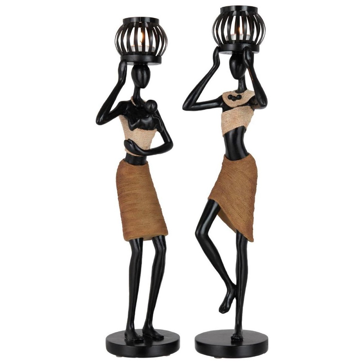 Maison & Déco Bougeoirs / photophores Jolipa Set de 2 photophores figurines Africaines Marron