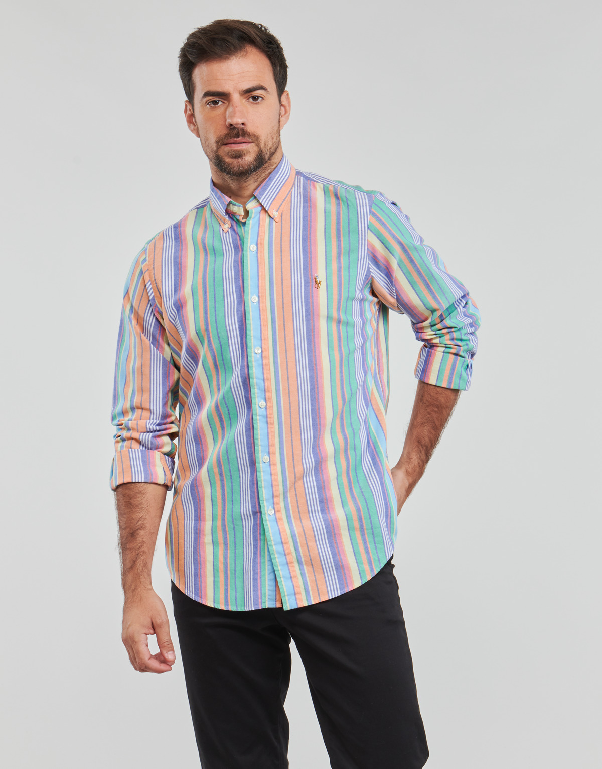 Vêtements Homme Chemises manches longues striped-knit longsleeved polo shirt Rot LONG SLEEVE-SPORT SHIRT Multicolore / Orange / Vert