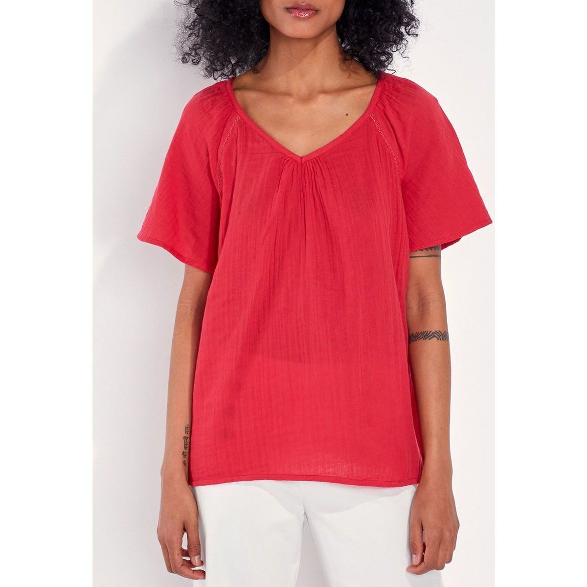 Vêtements Femme T-shirts manches courtes La Fiancee Du Mekong Top évasé gaze de coton XALADA Rouge