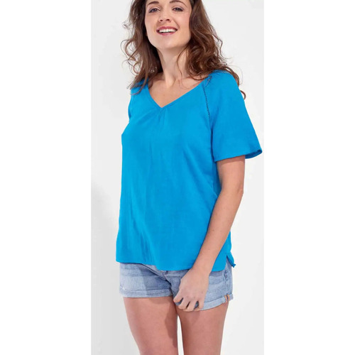 Vêtements Femme T-shirts manches courtes Blouse Fluide Volants Kati Top évasé gaze de coton XALADA Bleu