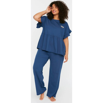 Vêtements Femme Pyjamas / Chemises de nuit Trendyol Ensemble Pyjama Tricoté Volant Brodé Bleu Marine bleu marin