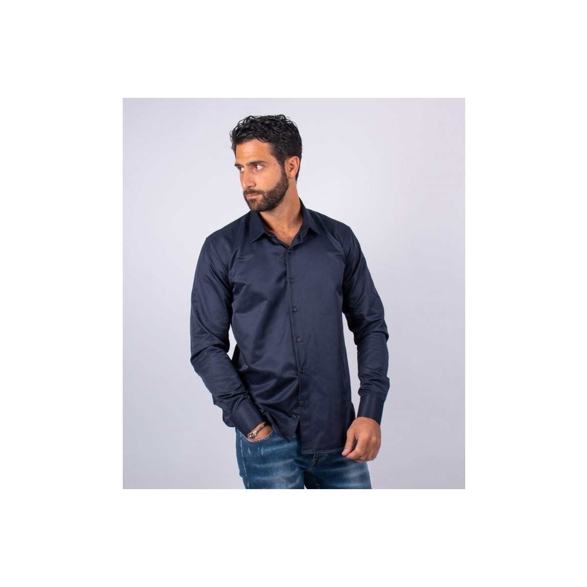 Vêtements Homme Chemises manches longues Hollyghost Chemise slim navy avec col français Bleu