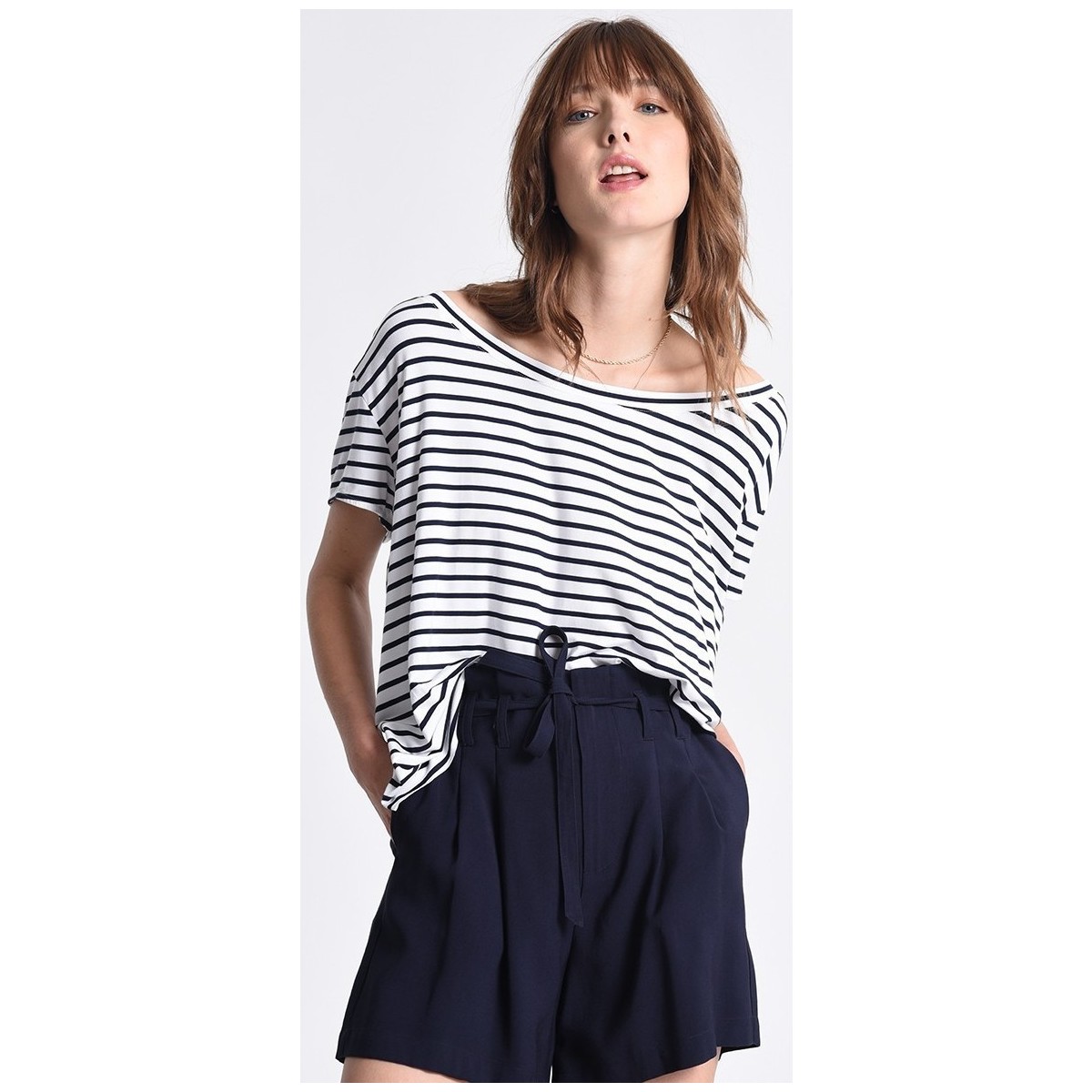 Vêtements Femme T-shirts manches courtes Molly Bracken - T-shirt marinière - blanc et marine Blanc
