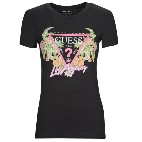 Vêtements Femme T-shirts Rose manches courtes Guess SS CN TRIANGLE FLOWERS TEE Noir