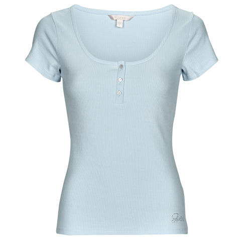 Vêtements Femme T-shirts manches courtes back Guess SS KARLEE JEWEL BTN HENLEY Bleu ciel