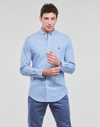 Vêtements Homme Chemises manches longues Polo Ralph Lauren CHEMISE AJUSTEE SLIM FIT EN POPELINE RAYE Bleu / Blanc - Light Blue/White