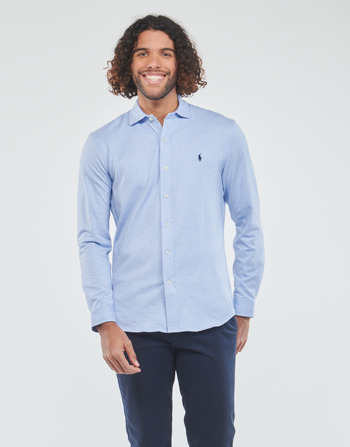 Vêtements Homme Chemises manches longues Polo Ralph Lauren CHEMISE COUPE DROITE Bleu Ciel Chiné / Pois Blanc 