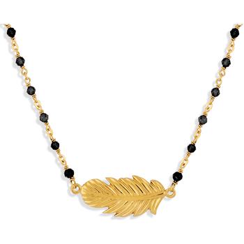 collier orusbijoux  collier argent doré plume et pierres naturelles noires 