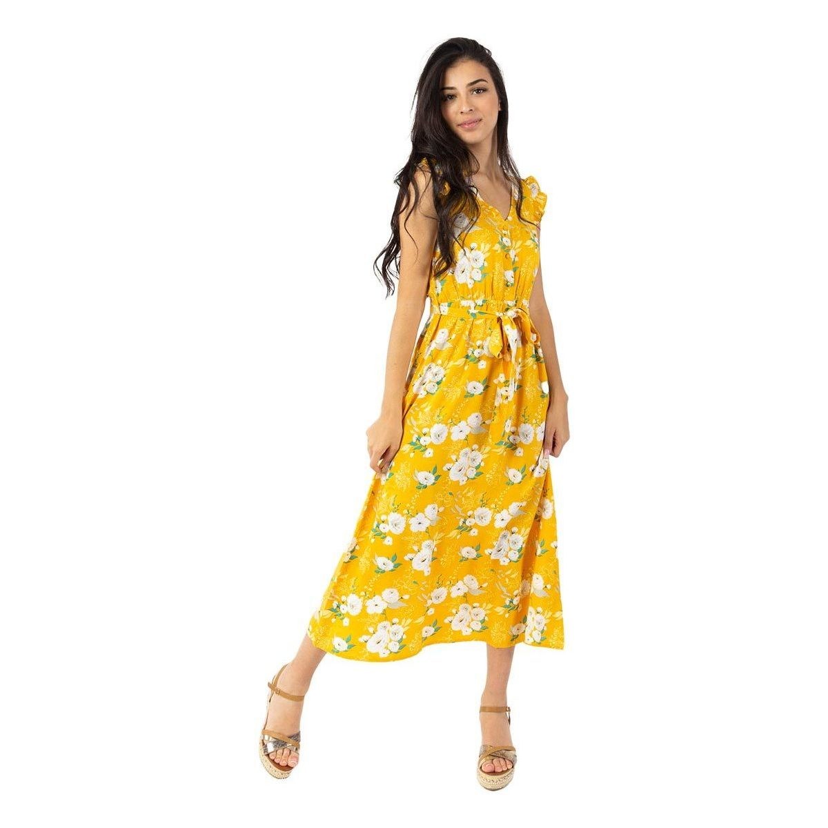 Vêtements Femme Robes Coton Du Monde longue manches volantées KAYLA fleurie jaune Jaune