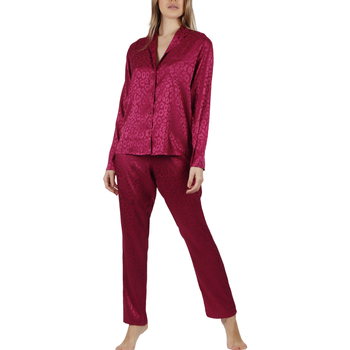 Admas Pyjama tenue d'intérieur pantalon chemise Satin Leopard Rouge