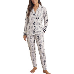 Vêtements Femme Pyjamas / Chemises de nuit Selmark Pyjama tenue pantalon chemise manches longues Botanic Ivoire