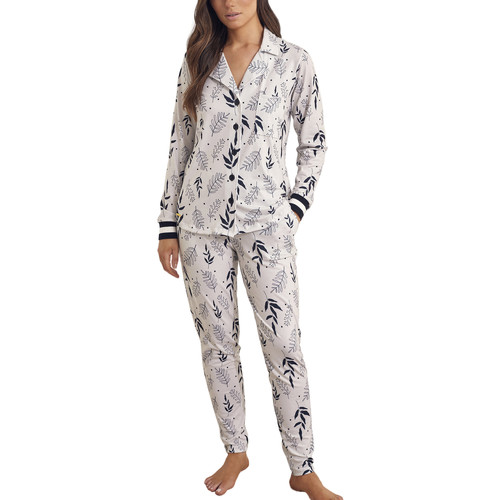 Vêtements Femme Pyjamas / Chemises de nuit Selmark Pyjama tenue pantalon chemise manches longues Botanic Blanc