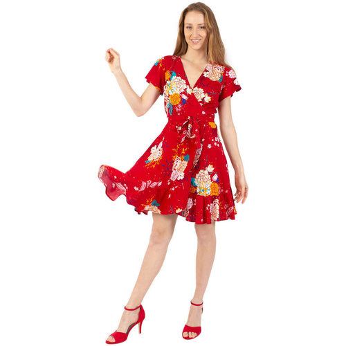 Vêtements Femme Robes Coton Du Monde courte MARIKA fluide cache-cœur fleurie rouge Rouge