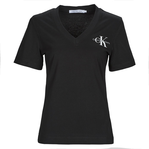 Vêtements Femme T-shirts manches courtes Calvin Klein Jeans MONOLOGO SLIM V-NECK TEE Noir