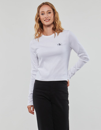 Vêtements Femme T-shirts manches longues Calvin Klein Jeans WOVEN LABEL RIB LONG SLEEVE Blanc