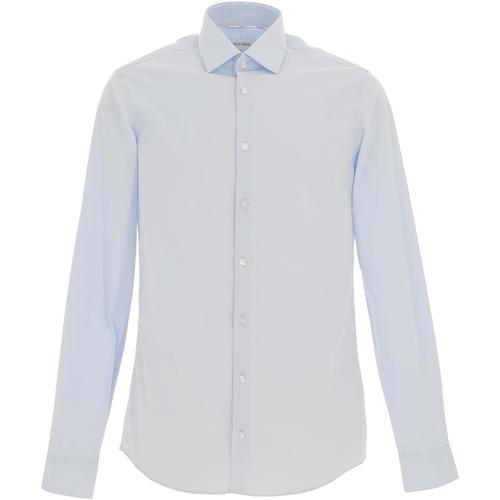 Vêtements Homme Chemises manches longues Vivienne Westwood asymmetric-hem mix-print dress Blu Poplin stretch slim Bleu