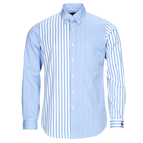 Vêtements Homme Chemises manches longues Besaces / Sacs bandoulière CHEMISE AJUSTEE EN POPLINE DE COTON COL BOUTONNE Bleu / Blanc