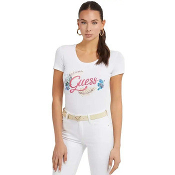 Vêtements Femme T-shirts manches courtes Guess broderie logo frontale Blanc