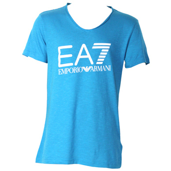 Vêtements T-shirts manches courtes Emporio Armani EA7 T SHIRT TURQUOISE COL ROND COTON AJOURE- Bleu