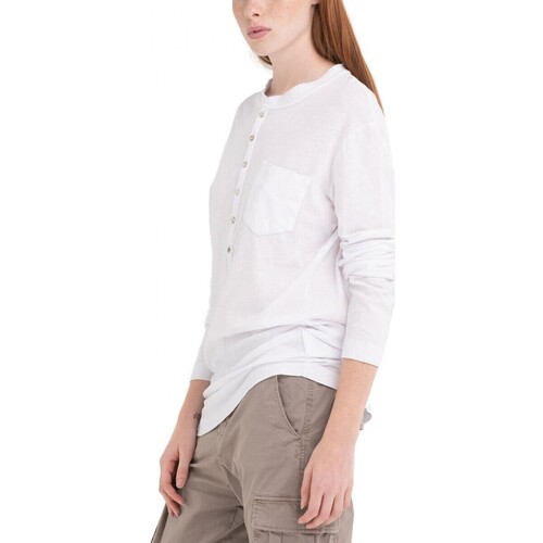 Vêtements Femme Veste Longue Vert Arme Coupe Replay T-shirt  manches longues avec encolure Henley Blanc