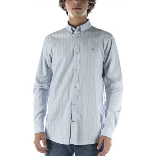 Vêtements Homme Chemises manches longues cotton mesh long sleeve polo teens Camicia  Essentials Striped Azzurro Bleu