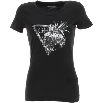 Vêtements Femme ribbed V-neck T-shirt Guess Ss rn flower triangle tee Noir