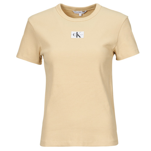 Vêtements Femme T-shirts manches courtes Portefeuille homme petit format Calvin Klein Minimalism Bifold 6Cc W Bill K50K509620 BAX WOVEN LABEL RIB REGULAR TEE Beige