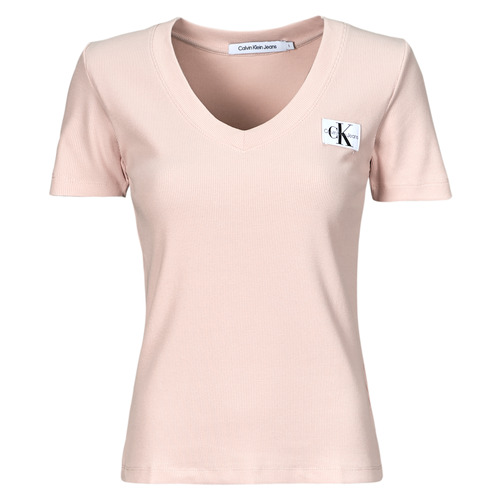 Vêtements Femme T-shirts manches courtes Calvin Klein thes WOVEN LABEL RIB V-NECK TEE Beige