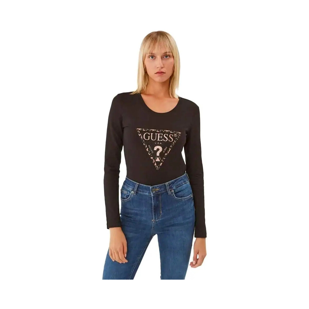 Vêtements Femme T-shirts manches longues Guess triangle G Noir