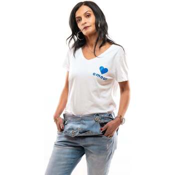 Vêtements Femme T-shirts manches courtes Sab & Jano Tee-shirt blanc bleu Coeur paillettes Blanc