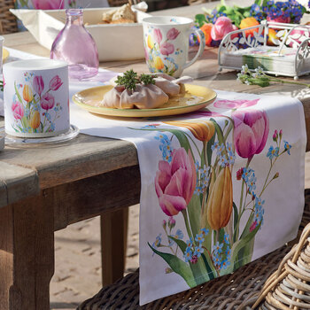 Ambiente Chemin de table en coton Bouquet de tulipes 40 x 150 cm Blanc