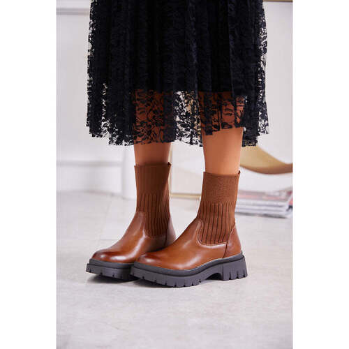 Chaussures Femme Bottines Vera Collection Boots Chelsea camel plateforme, tige façon chaussette Marron