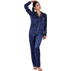 Vêtements Femme Pyjamas / Chemises de nuit Admas Pyjama tenue d'intérieur chemise et pantalon Satin Stripes Bleu